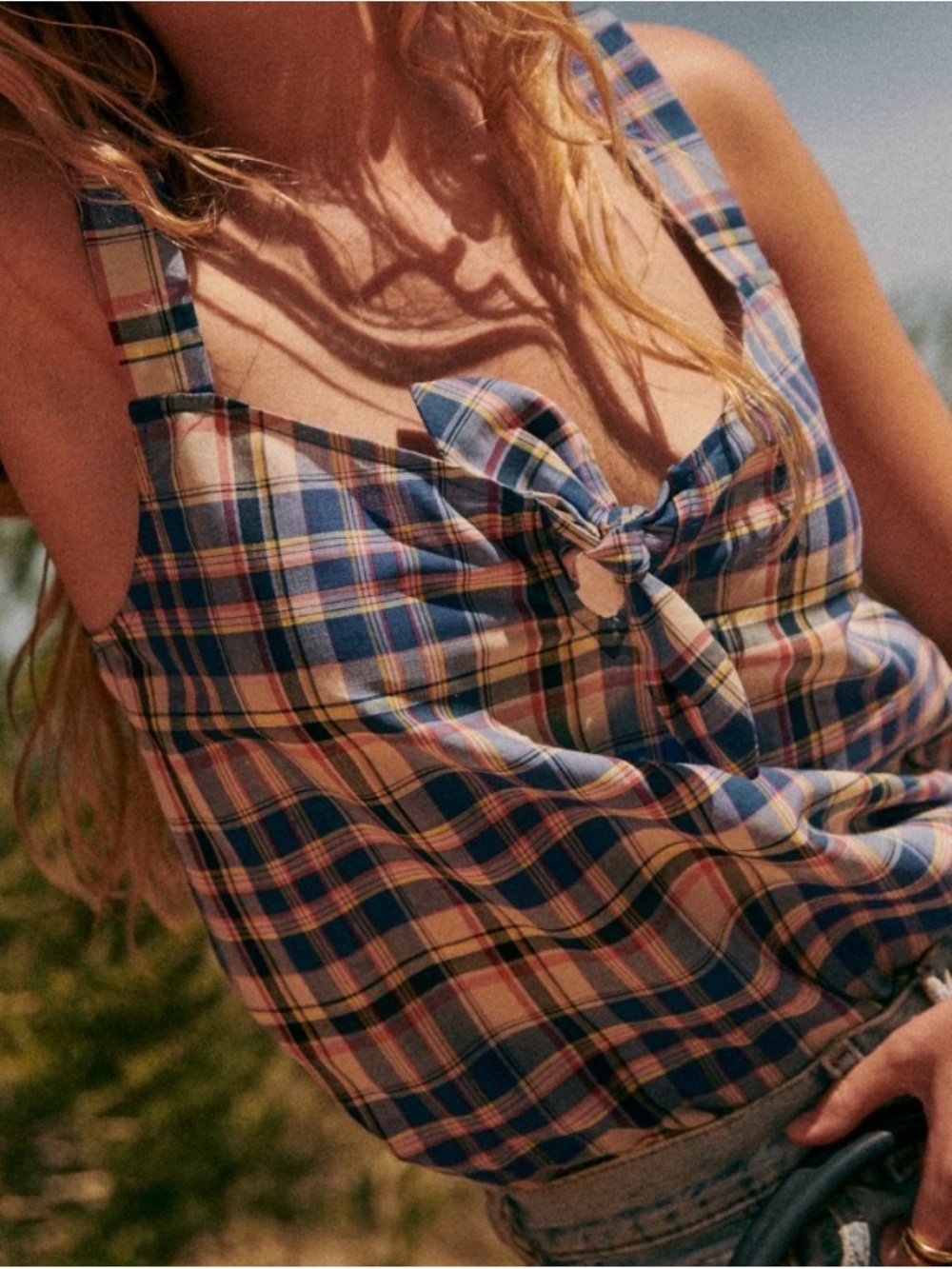 Sezane Plaid Tie-Front Tank Top in Blue and Pink